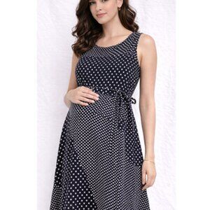 A PEA IN THE POD MATERNITY   BLUE-WHITE POLKA DOT GEOMETRIC MATERNITY DRESS SZ:M